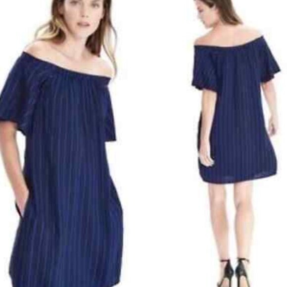 Banana Republic Striped Navy Off The Shoulder Shift Dress - Picture 2 of 10